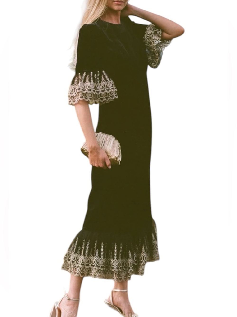 Pomander Place Black Velvet Midi Dress with Gold Lace Trim Size Medium